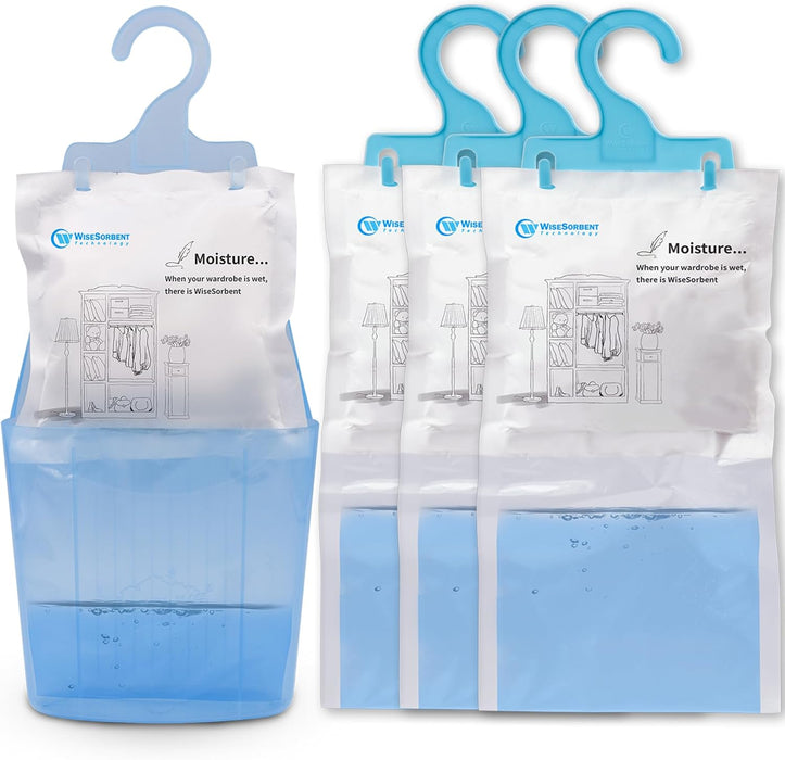 Pack of 4 (7 oz. ea.) Moisture Absorber Hanging Bags, Tyvek Paper Moisture Absorber Packets with Plastic Case & Hook