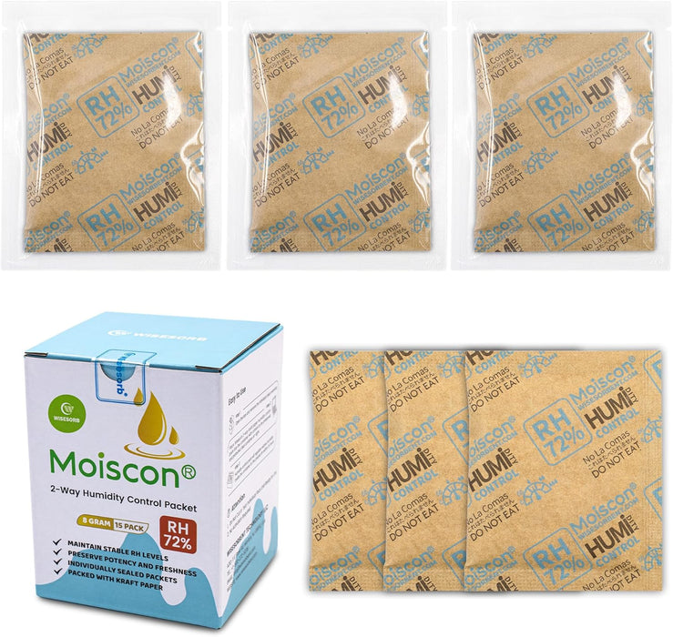 72% 8 Gram Two-Way Humidity Control Packs Moisture Absorbers for Herbs, Wood Humidifier Boxes - Natural Craft Paper Design, Individually Sealed Packets, Prevents Leaks