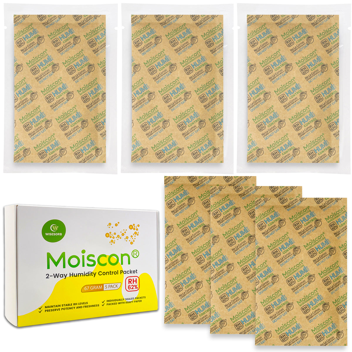 Wisesorb 62% Two-Way Humidity Control Packs, 67 Gram 5 Pack for Storin ...