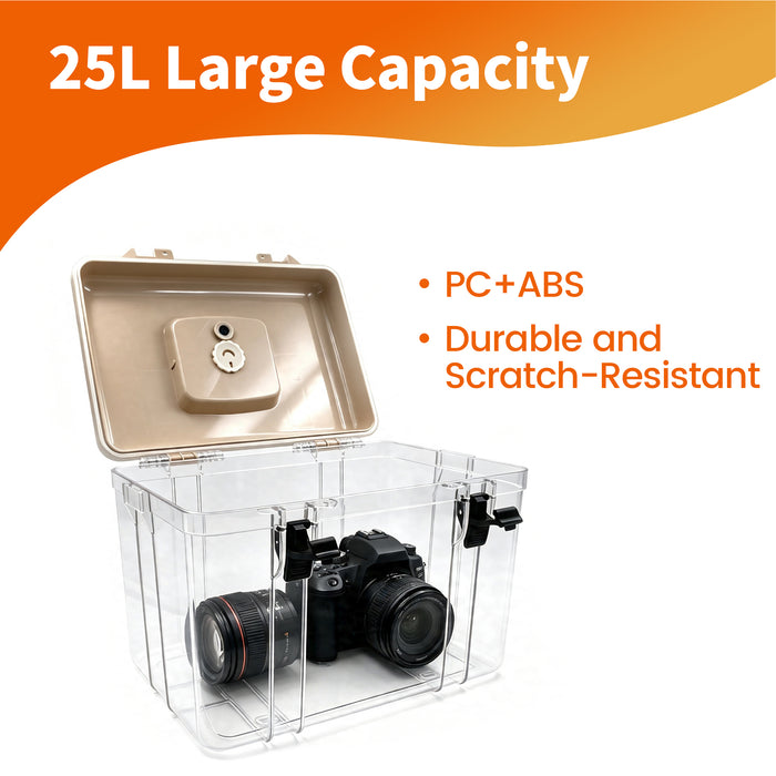 Wisesorb 25L Camera Dry Box with Humidity Indicator, Airtight Plastic Moisture Proof Storage Case for Camera, Lens, Electronics, Batteries, Waterproof Dry Storage Container with Carry Handle