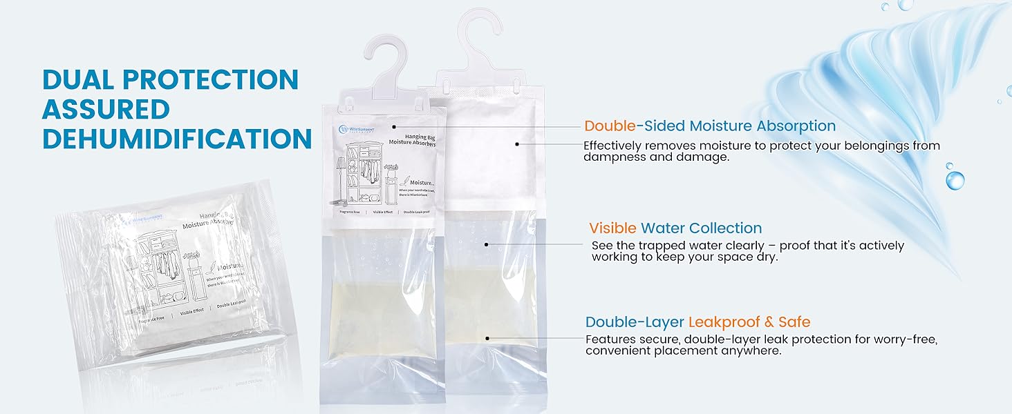 Moisture Absorber Hanging Bags 7 oz Fragrance-Free Dehumidifier for Closet, Bathroom, Bedroom – Double Leak-Proof Design & Dual-Sided Absorption