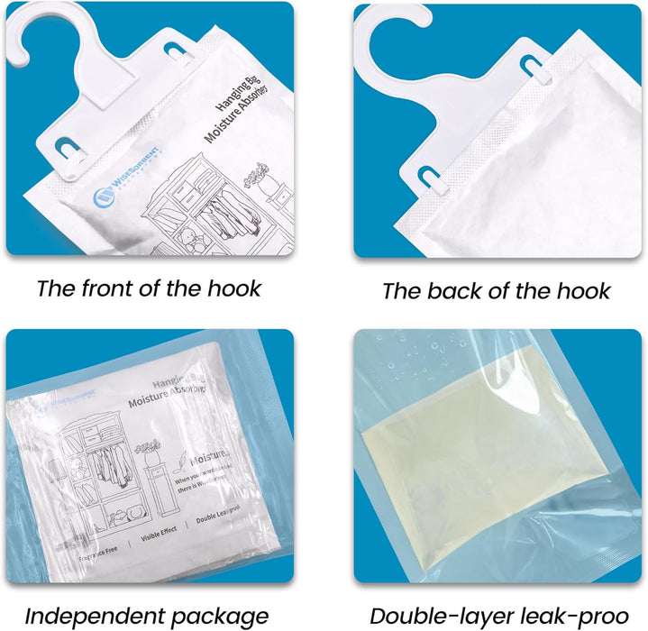 Moisture Absorber Hanging Bags 7 oz Fragrance-Free Dehumidifier for Closet, Bathroom, Bedroom – Double Leak-Proof Design & Dual-Sided Absorption