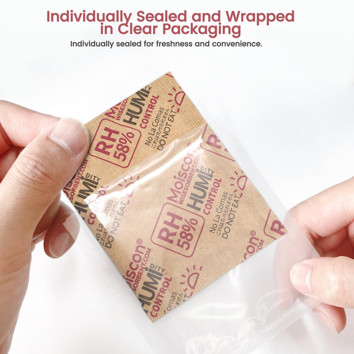 Wisesorb 8g 58% Two-Way Humidity Control Packs for Storing 1 oz, for Small Storage Containers Resealable Bags, Hydration Packets Moisture Control Packets Individually Wrapped