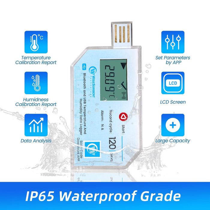 USB Data Logger with LCD, Bluetooth & App Temperature Humidity Recorder with PDF Report - Water Resistant Temperature and Humidity Monitor for RV, Basement, Fridge & More