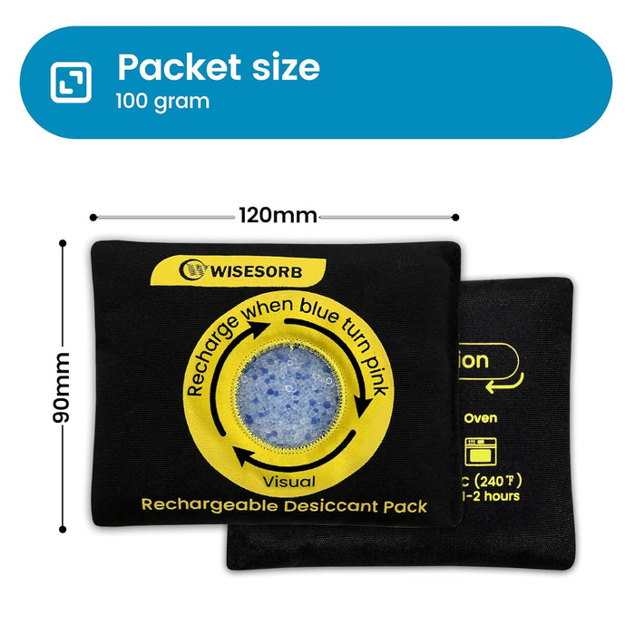 100g Reusable Silica Gel Desiccant Packs, Rechargeable Dehumidifier Moisture Absorbers with Color Indicator for Bins, Gun Safes, Suitcases, 3D Printing Filaments, Electronics