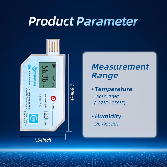 USB Data Logger with LCD, Bluetooth & App Temperature Humidity Recorder with PDF Report - Water Resistant Temperature and Humidity Monitor for RV, Basement, Fridge & More