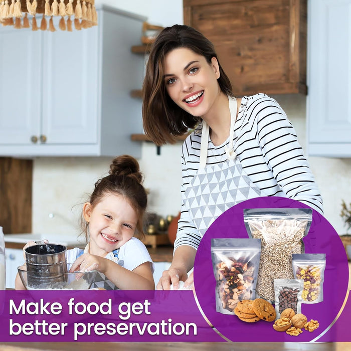 120pcs Mylar Bags for Food Storage with Oxygen Absorbers 300cc 500cc (50 Packs Each), Resealable Pouches 4 Sizes Mix Bundle 30 Each (10x14, 7x10, 5x7, 4x6 Inches), Stand Up with Clear Window