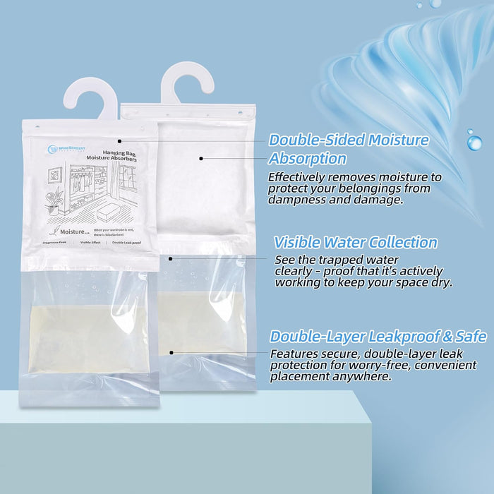 Moisture Absorber Hanging Bags - 17.6 oz Fragrance-Free Large Dehumidifier for Closet, Bathroom, Bedroom – Double Leak-Proof Design & Dual-Sided Absorption