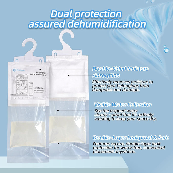Moisture Absorber Hanging Bags 7 oz Fragrance-Free Dehumidifier for Closet, Bathroom, Bedroom – Double Leak-Proof Design & Dual-Sided Absorption