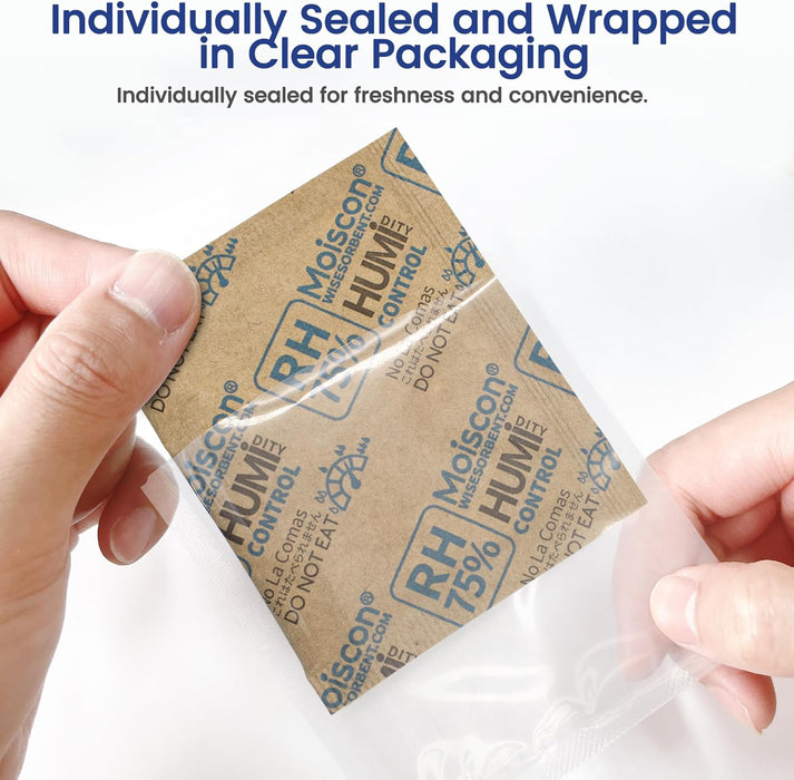 75% RH 8 Gram Two-Way Humidity Control Packs for Storing Up to 5 Items, Moisture Control Packets Individually Wrapped for Small Non-Plastic Travel Cases