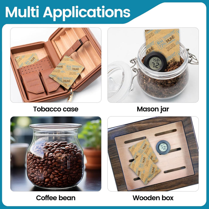 72% 8 Gram Two-Way Humidity Control Packs Moisture Absorbers for Herbs, Wood Humidifier Boxes - Natural Craft Paper Design, Individually Sealed Packets, Prevents Leaks