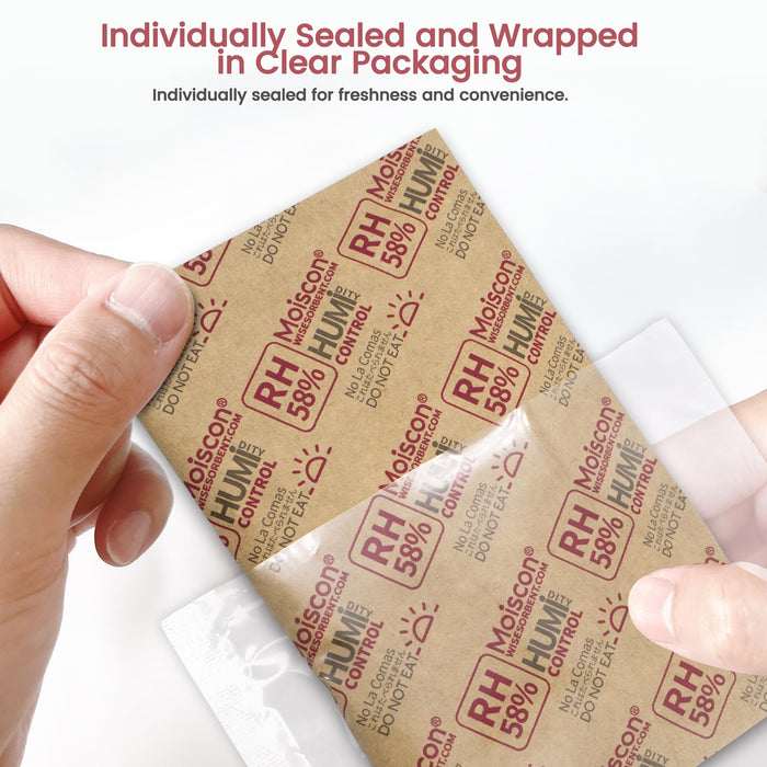 Wisesorb 67g 58% RH 2-Way Humidity Control Packs for Storing 1 lb, Size 67g for Small Storage Containers Resealable Bags, Hydration Packets Moisture Control Packets Individually Wrapped