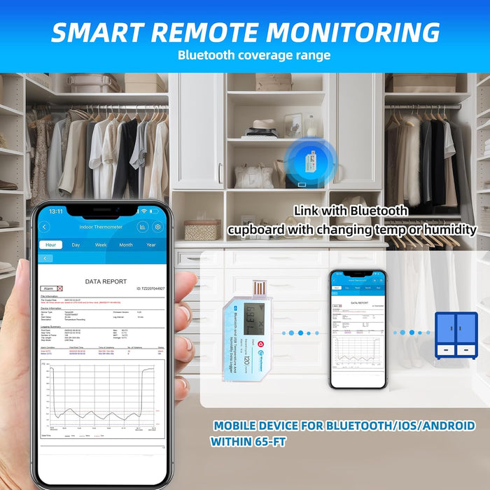 USB Data Logger with LCD, Bluetooth & App Temperature Humidity Recorder with PDF Report - Water Resistant Temperature and Humidity Monitor for RV, Basement, Fridge & More