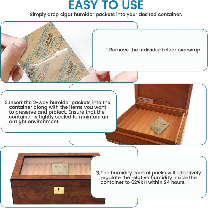 72% 8 Gram Two-Way Humidity Control Packs Moisture Absorbers for Herbs, Wood Humidifier Boxes - Natural Craft Paper Design, Individually Sealed Packets, Prevents Leaks