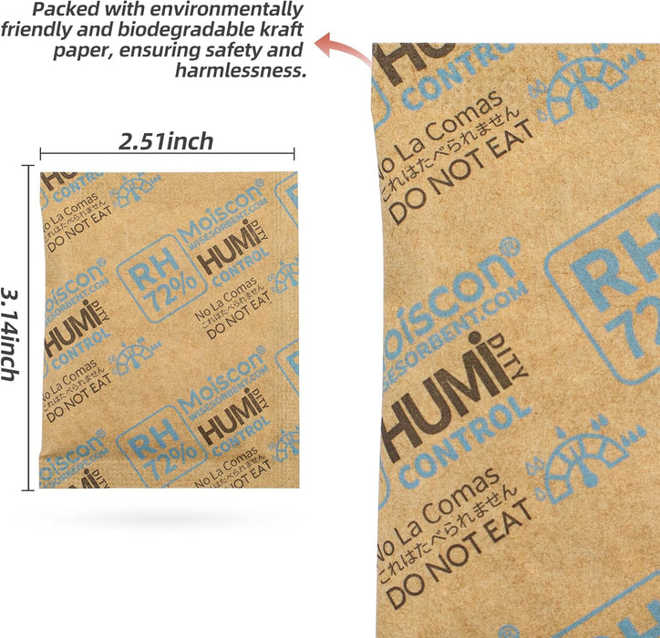 72% 8 Gram Two-Way Humidity Control Packs Moisture Absorbers for Herbs, Wood Humidifier Boxes - Natural Craft Paper Design, Individually Sealed Packets, Prevents Leaks