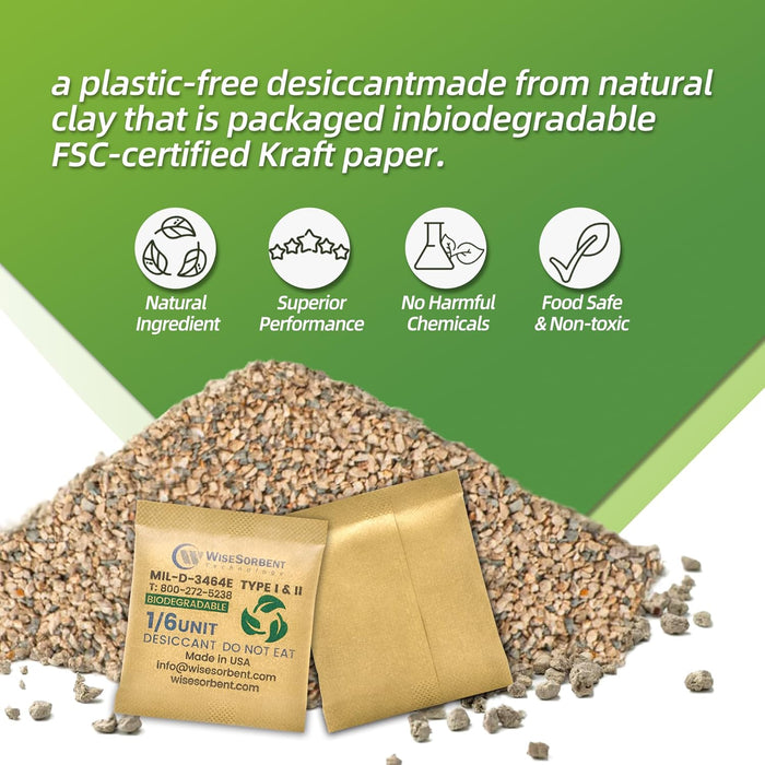 1/6U Kraft Clay Desiccants Packs for Storage, 5 Gram Bentonite Clay Desiccant Bags for Gun Safe, Military Grade Moisture Absorbers, Food Safe Silica Gel Packets Alternative