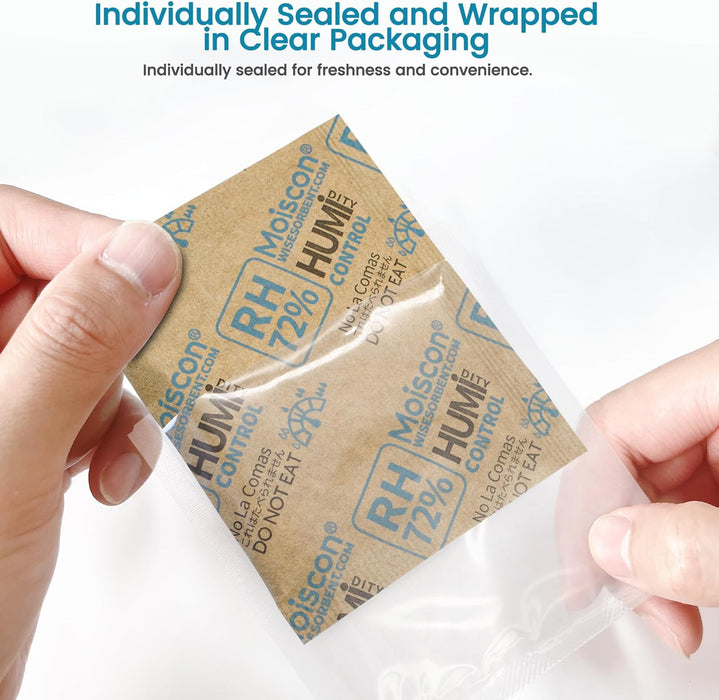72% 8 Gram Two-Way Humidity Control Packs Moisture Absorbers for Herbs, Wood Humidifier Boxes - Natural Craft Paper Design, Individually Sealed Packets, Prevents Leaks