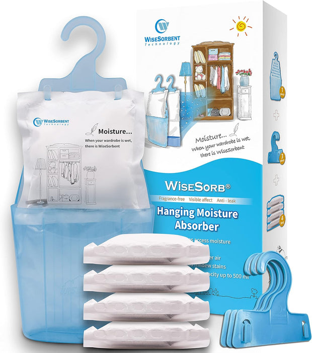 Pack of 4 (7 oz. ea.) Moisture Absorber Hanging Bags, Tyvek Paper Moisture Absorber Packets with Plastic Case & Hook