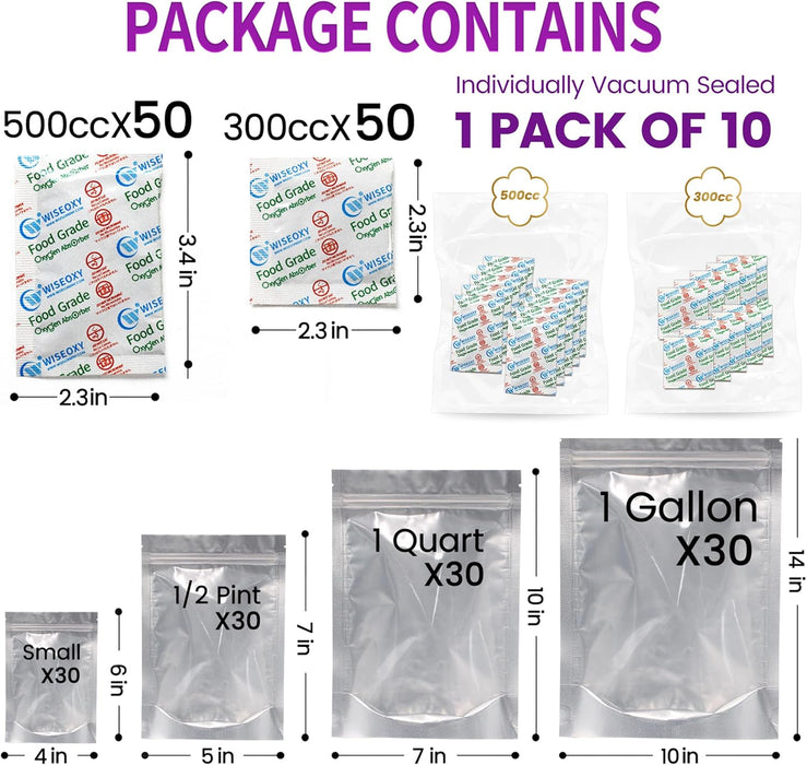 120pcs Mylar Bags for Food Storage with Oxygen Absorbers 300cc 500cc (50 Packs Each), Resealable Pouches 4 Sizes Mix Bundle 30 Each (10x14, 7x10, 5x7, 4x6 Inches), Stand Up with Clear Window