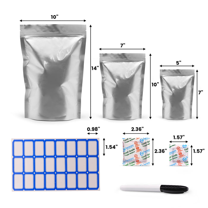 100pcs Mylar Bags for Food Storage with Oxygen Absorbers 10x14 7x10 5x7