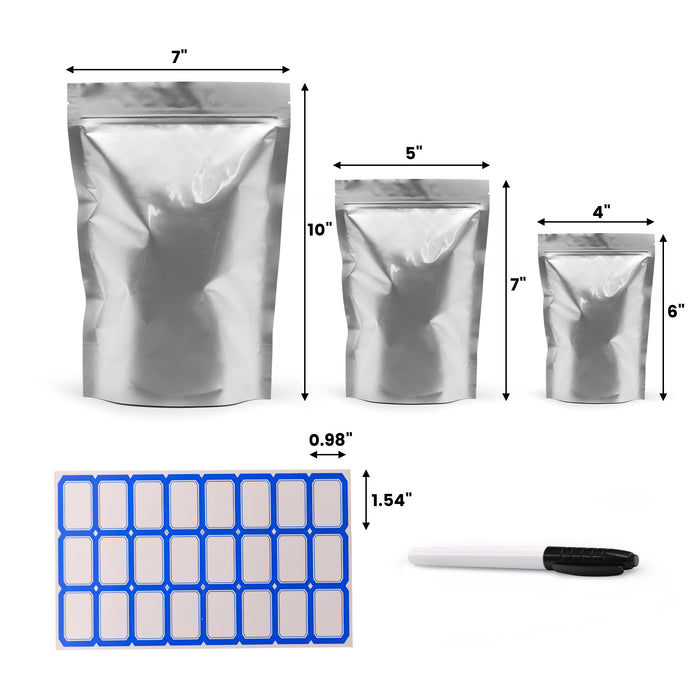 100pcs Mylar Bags for Food Storage 7x10 5x7 4x6 with 120pcs Labels