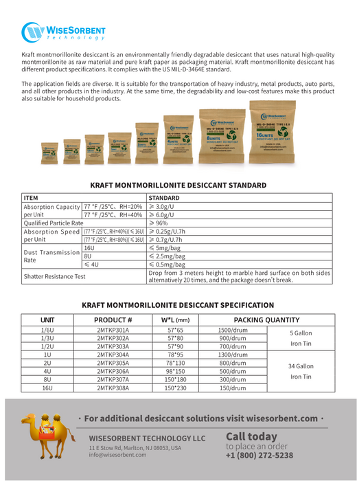 Kraft Bag Clay Desiccant Packs for Safe 528 Gram, 16U Conforms to MIL-D-3464E Type I & II Absorbents